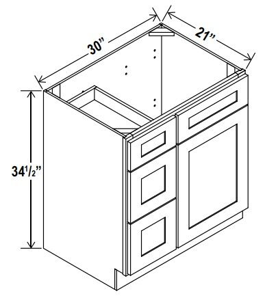 Vanity Sink Base - 30"W x 34 1/2" x 21"D Left Drawer