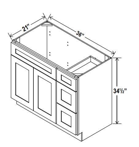 Vanity Sink Base - 36"W x 34 1/2" x 21"D Right Drawer