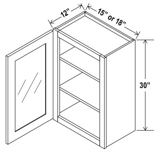 Wall Cabinet Single Glass Door - 18"W X 30"H X 12"D